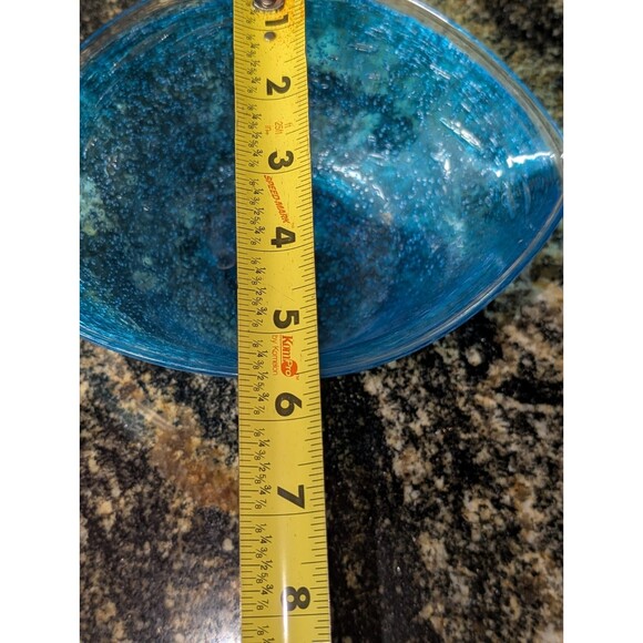 Handmade Blue Bubbled Recycled Art Glass Oblong Heart Bowl Dish Decor 8” - Picture 5 of 7